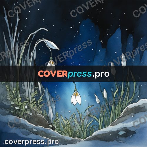 Night Ghibli style illustration: snowdrops in the snow at night