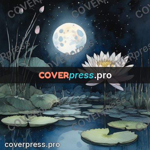 Night Ghibli style illustration: white water lily under the moon