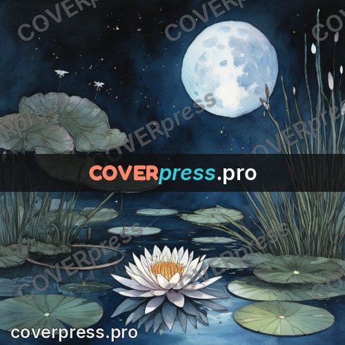 Night Ghibli style illustration: white water lily under the moon