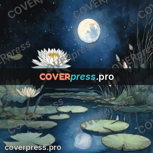 Night Ghibli style illustration: white water lily under the moon
