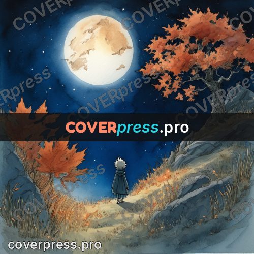 Night Ghibli style illustration: red maple under the moon