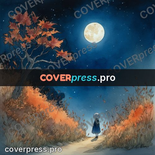 Night Ghibli style illustration: red maple under the moon