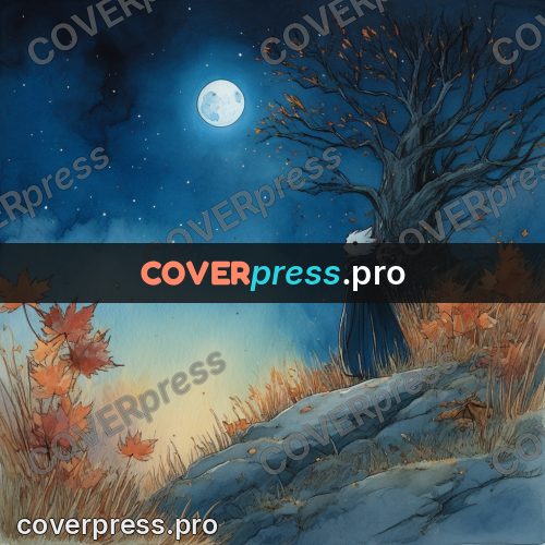 Night Ghibli style illustration: red maple under the moon