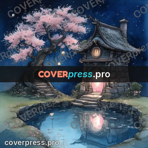 Night Ghibli style illustration: lantern by a cherry tree