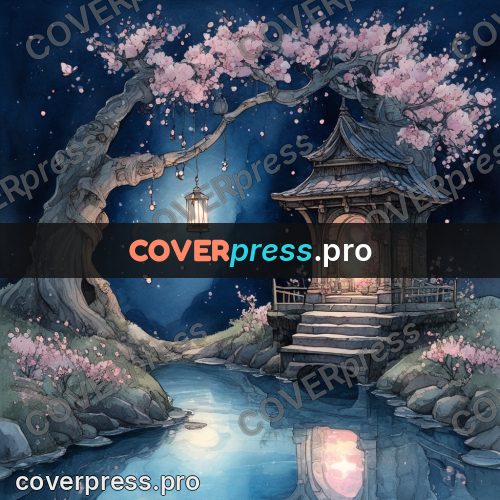 Night Ghibli style illustration: lantern by a cherry tree
