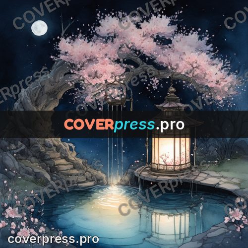 Night Ghibli style illustration: lantern by a cherry tree