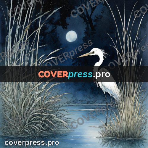 Night Ghibli style illustration: white heron in the reeds