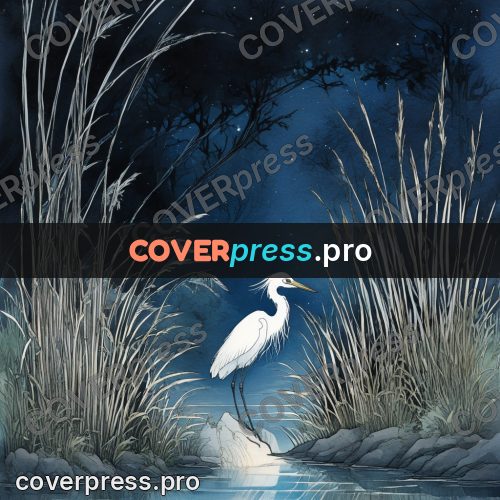 Night Ghibli style illustration: white heron in the reeds