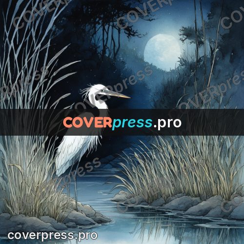 Night Ghibli style illustration: white heron in the reeds