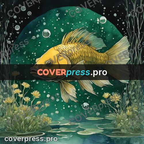 Night Ghibli style illustration: golden fish among water plants