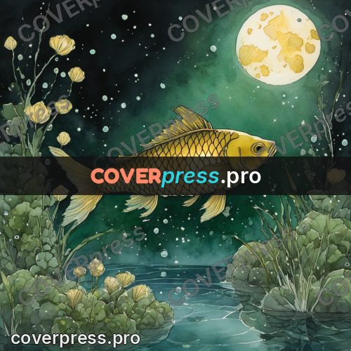 Night Ghibli style illustration: golden fish among water plants