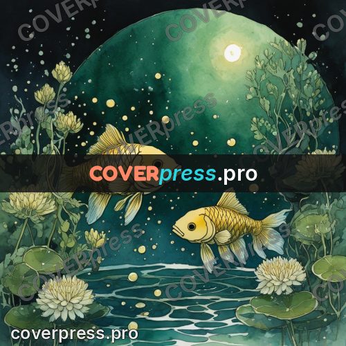 Night Ghibli style illustration: golden fish among water plants