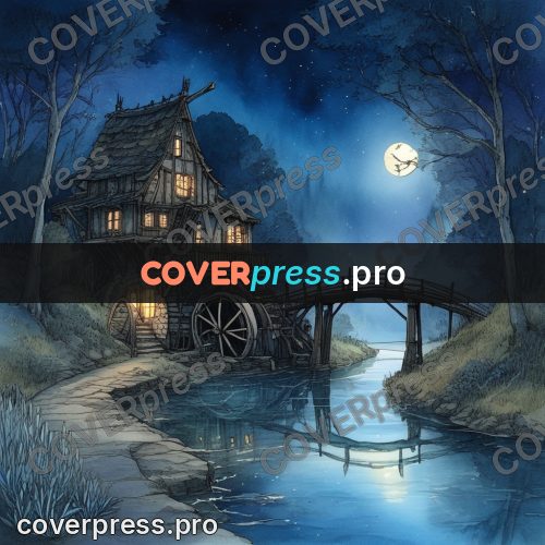 Night Ghibli style illustration: mill by a night river