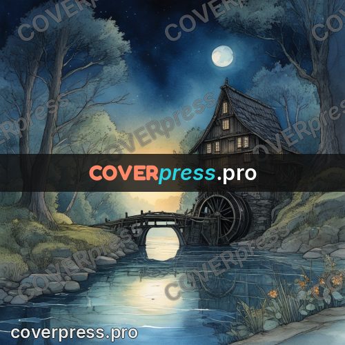 Night Ghibli style illustration: mill by a night river