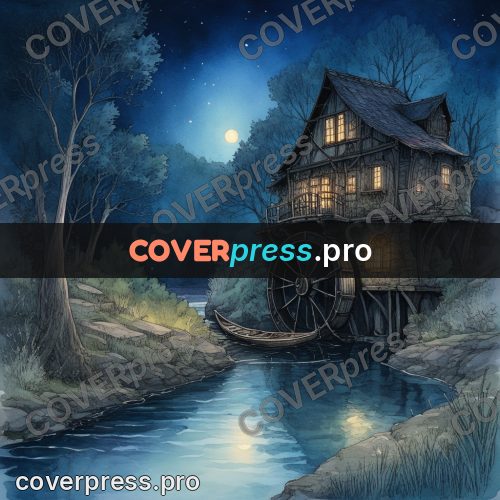 Night Ghibli style illustration: mill by a night river