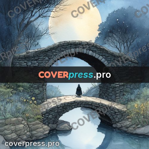 Night Ghibli style illustration: stone bridge above the water