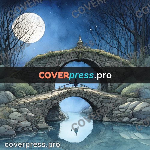 Night Ghibli style illustration: stone bridge above the water