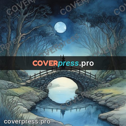 Night Ghibli style illustration: stone bridge above the water