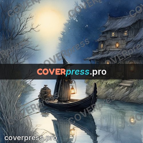 Night Ghibli style illustration: figure in a pointed hat