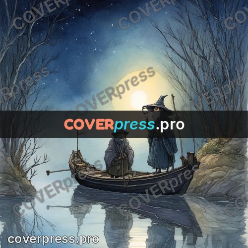 Night Ghibli style illustration: figure in a pointed hat