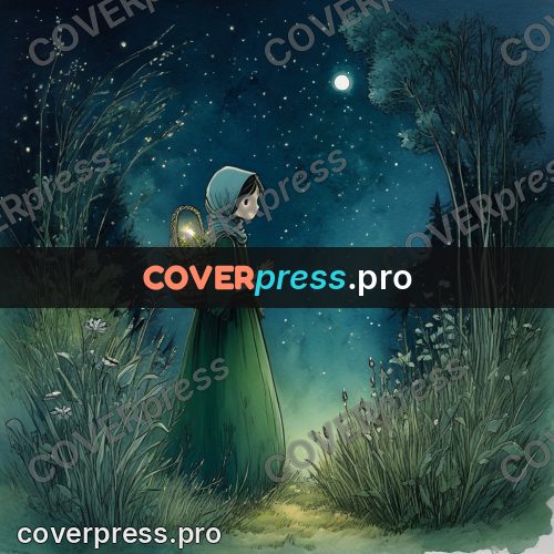 Night Ghibli style illustration: figure with a herb basket