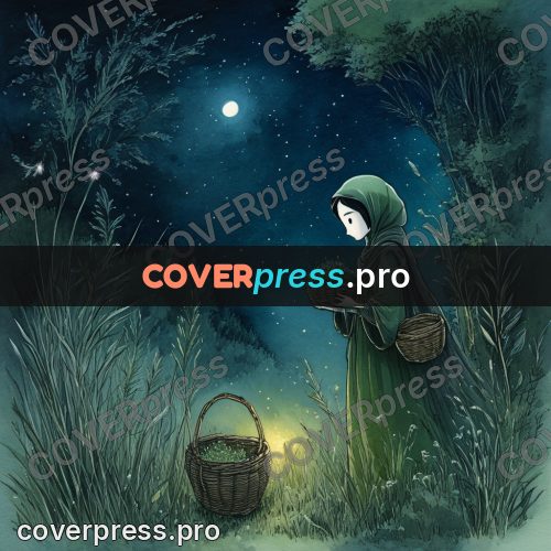 Night Ghibli style illustration: figure with a herb basket