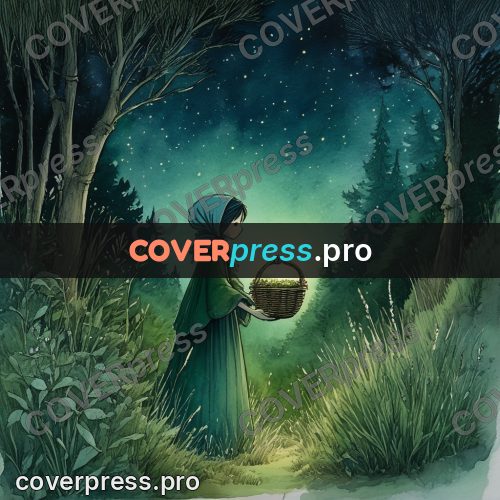 Night Ghibli style illustration: figure with a herb basket