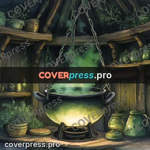 Night Ghibli style illustration: cauldron with green steam