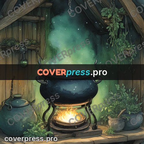 Night Ghibli style illustration: cauldron with green steam