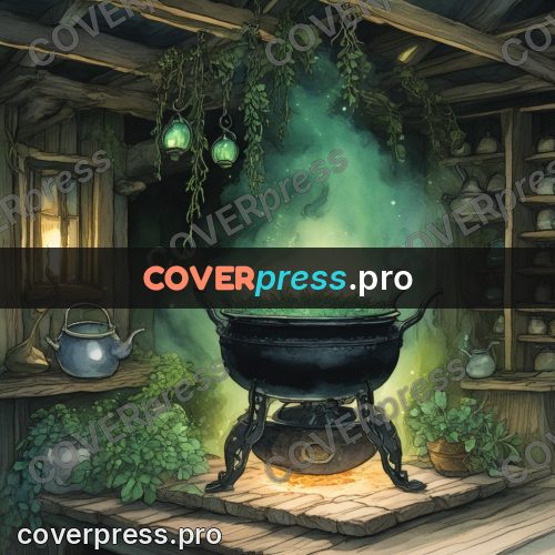 Night Ghibli style illustration: cauldron with green steam