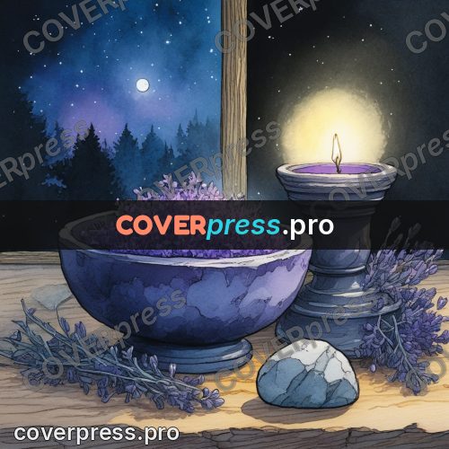 Night Ghibli style illustration: bowl of lavender by a candle