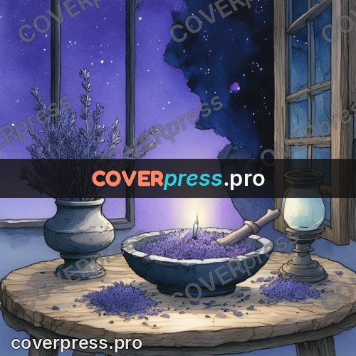 Night Ghibli style illustration: bowl of lavender by a candle