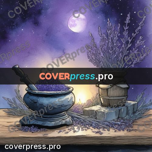 Night Ghibli style illustration: bowl of lavender by a candle