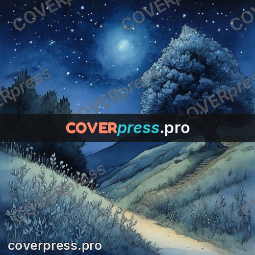 Night Ghibli style illustration: path over a moonlit hill
