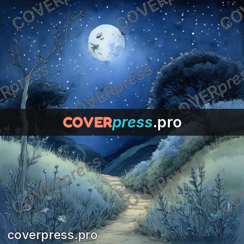 Night Ghibli style illustration: path over a moonlit hill