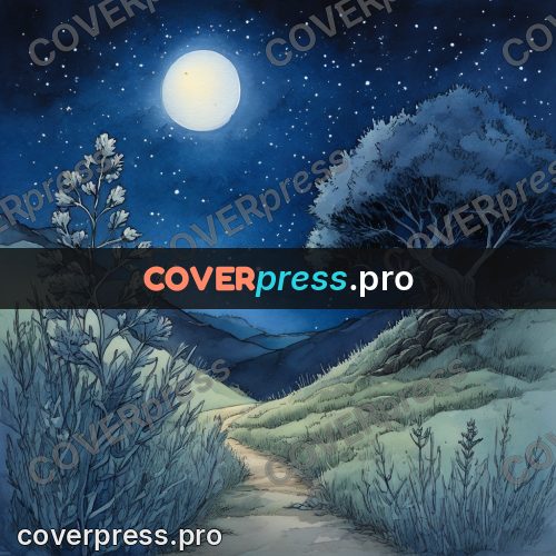 Night Ghibli style illustration: path over a moonlit hill