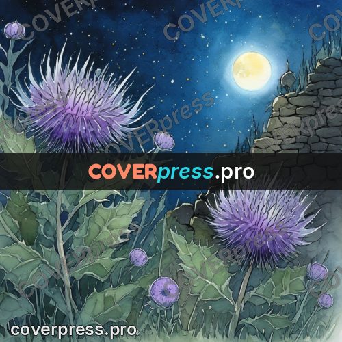 Night Ghibli style illustration: thistle with a bumblebee