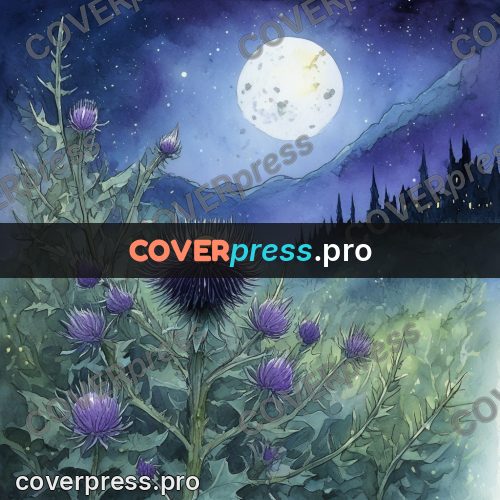 Night Ghibli style illustration: thistle with a bumblebee