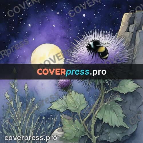 Night Ghibli style illustration: thistle with a bumblebee