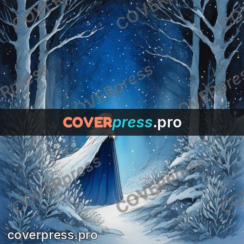 Night Ghibli style illustration: figure in a blue cloak