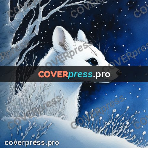 Night Ghibli style illustration: white animal in a snowy wood