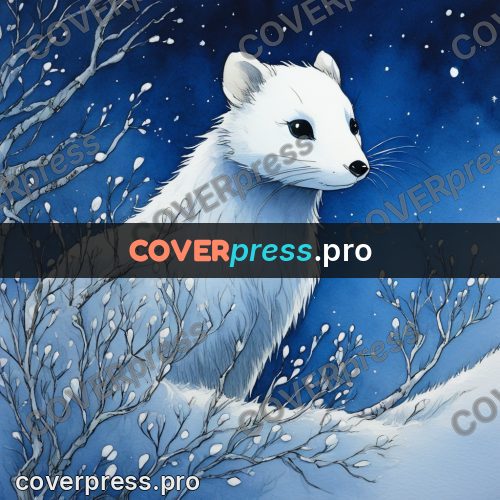 Night Ghibli style illustration: white animal in a snowy wood