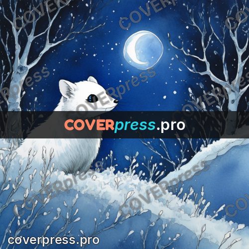 Night Ghibli style illustration: white animal in a snowy wood