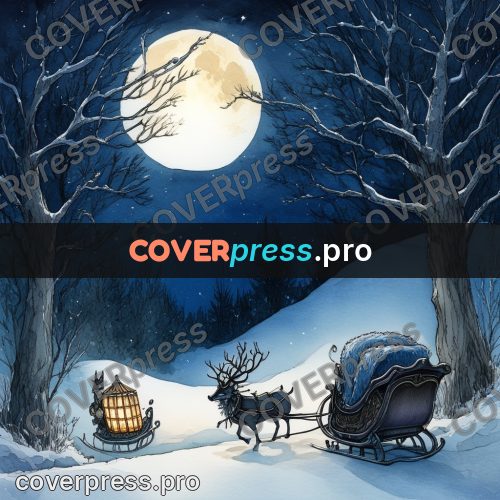 Night Ghibli style illustration: sleigh in a snowy wood