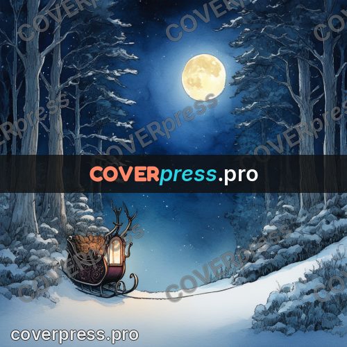 Night Ghibli style illustration: sleigh in a snowy wood