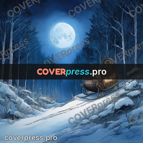 Night Ghibli style illustration: sleigh in a snowy wood