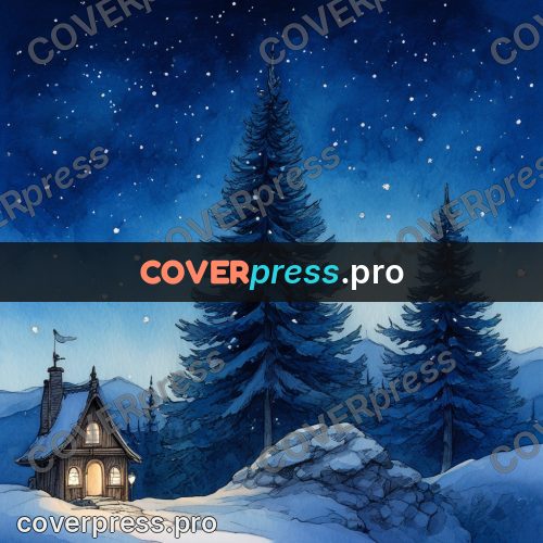 Night Ghibli style illustration: snowy firs under the stars