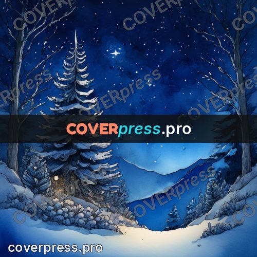 Night Ghibli style illustration: snowy firs under the stars