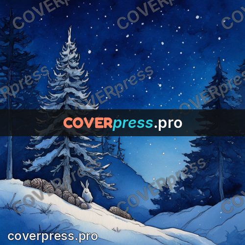 Night Ghibli style illustration: snowy firs under the stars