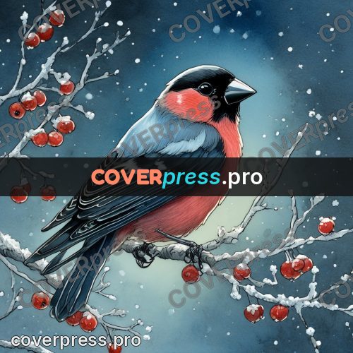 Night Ghibli style illustration: bullfinch on a berry branch